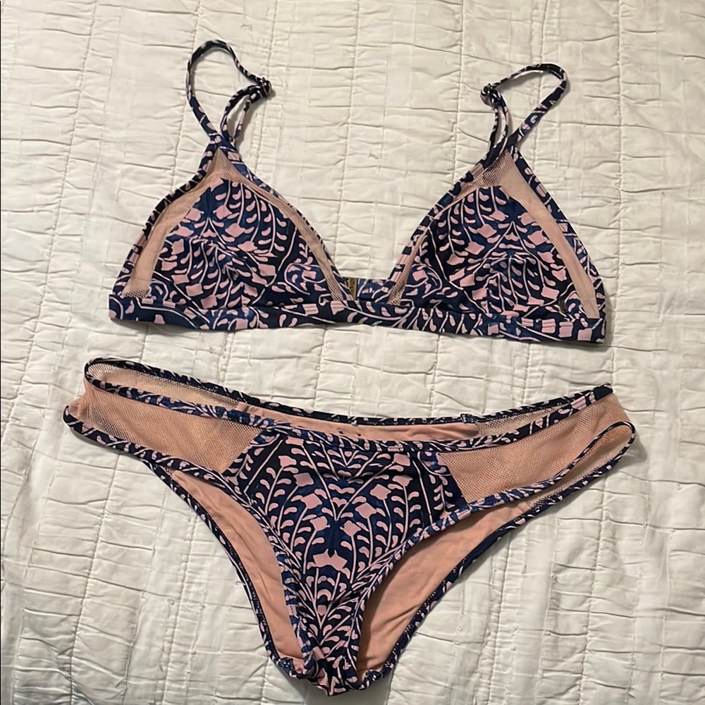 Rip Curl Pink and Navy Leaf Print Triangle Bikini